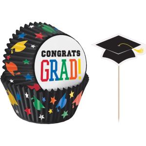 Graduation Baking Cups And Picks | Multi-color | Pack of 48