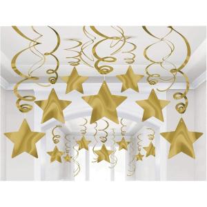 Amscan Gold Shooting Stars Hanging Foil Swirls – 18″ & 24″ (30 Pcs) – Party Decorations for Birthdays, Graduations, and Festive Events