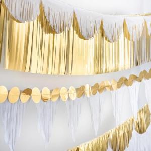 Striking Black Multi Shape Fringe Banner Kit – 6 ft (Pack of 6) – Dazzling & Versatile Style, Sturdy Tissue & Foil Decor – Perfect for All Events(White and Gold)