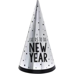 Amscan Unique Cheers To The New Year Cone Hat (1 Pc.) – 9″ – Black & Silver Foil Hat – Ideal for New Year’s Eve Celebrations